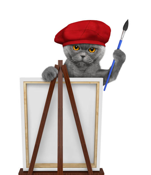 Cute cat is a painter artist. Isolated on white background
