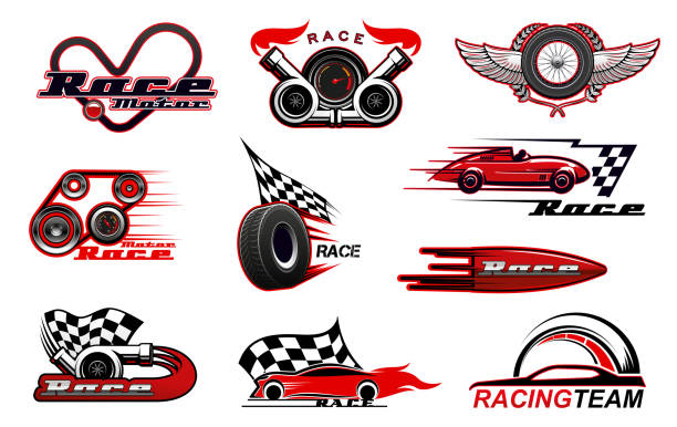 autorennen, motorsport-vektor-ikonen - vintage toning stock-grafiken, -clipart, -cartoons und -symbole