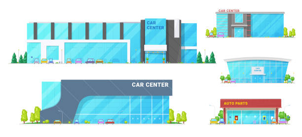 Car dealers centers and showroom buildings Car trade centers and showroom buildings. Vector vehicle showrooms, car dealer centers and spare parts store. Exteriors design with trees and parking zone glass showroom stock illustrations