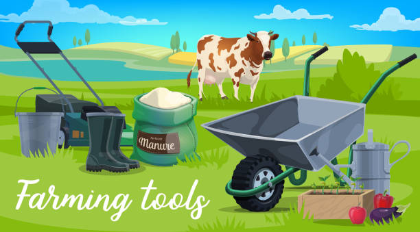 Farm tools, wheelbarrow, cow and veggies Farming tools, cow and vegetables, agriculture vector poster. Garden wheelbarrow tool, bucket and watering can, boots, lawn mower and fertilizer bag, cow, seedling box and pepper sack barrow stock illustrations