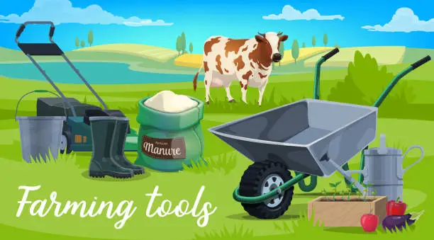 Vector illustration of Farm tools, wheelbarrow, cow and veggies