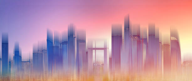 istock Futuristic modern building with bright and glowing colorful light, on white background 1202913331