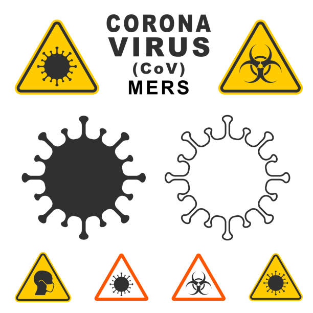 illustrations, cliparts, dessins animés et icônes de forme d'icône d'avertissement de virus de mers corona. symbole du logo du risque biologique. signe de danger de virus d'épidémie de contamination. image d'illustration vectorielle. isoler sur le fond blanc. - biologic