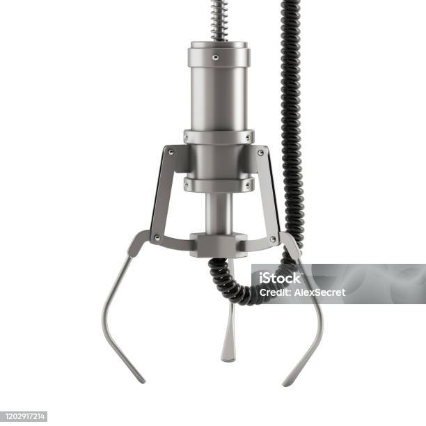 Chrome Robotic Claw On A White Background Stock Photo - Download Image Now - Toy Grabbing Game, Mechanical Grabber, Claw