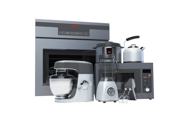 istock Kitchen appliances built into the group electric oven microwave blender electric kettle 3d rendering on white background no shadow 1202917221