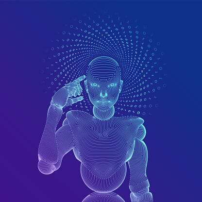 Abstract wireframe female cyborg or robot holds a finger near the head and thinks or computes using her artificial intelligence. AI and Machine learning technology concept. Vector illustration