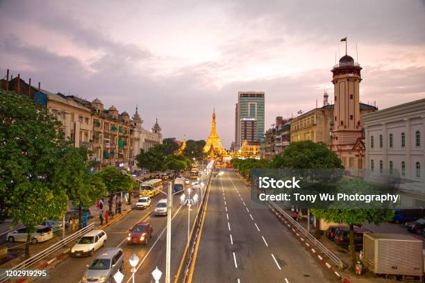 Street In The City Sule Pagoda Yangon Stock Photo - Download Image Now - Myanmar, City, Yangon