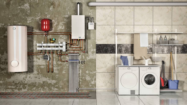 istock Boiler system and laundry beside the wall, 3d illustration 1202921838