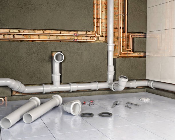 istock Process of changing pipes in bathroom interior, 3d illustration 1202921888