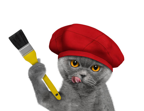 Cute cat as a painter with a brush. Isolated on white background
