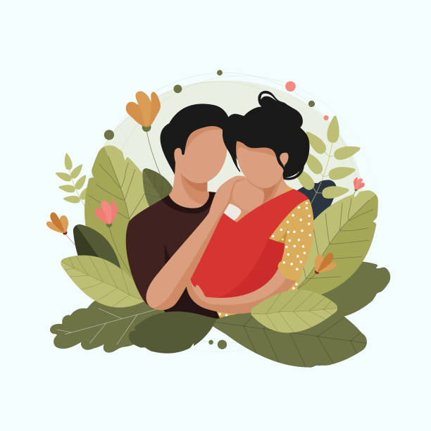 Father and mother holding a baby in red scarf A man hugs a woman with a small child arm sling stock illustrations