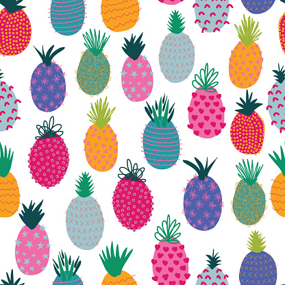 Pineapples abstract seamless vector summer pattern. Repeating colorful tropical background. Hand drawn exotic fruit isolated in cartoon doodle style. For fabric, summer decoration, packaging, kids.