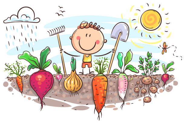 Happy farmer has grown a lot of vegetables Happy farmer has grown a lot of vegetables, funny cartoon illustration farm clipart stock illustrations