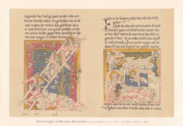 ilustrações de stock, clip art, desenhos animados e ícones de illustrations of wernher's marienleben, 12th century, facsimile (chromolithograph), published 1897 - circa 12th century