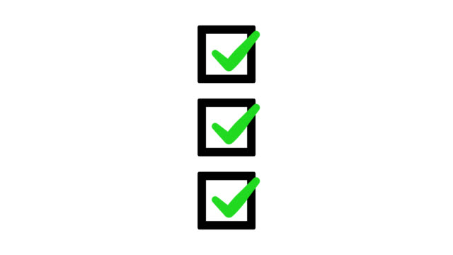 Green check mark sign tick on black square check list boxes on white background.