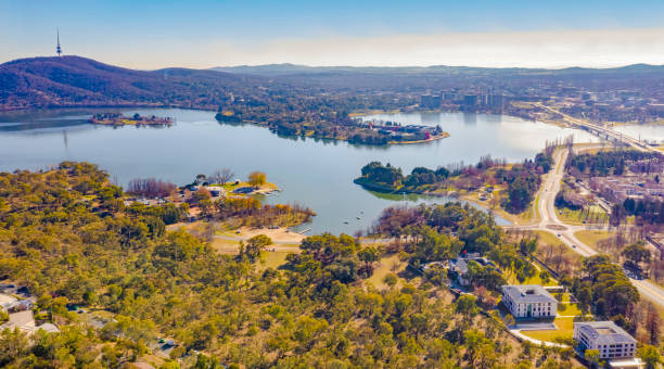 Panorama view of Canberra, the capital city of Australia, looking north over Lake Burley Griffin, Black Mountain and Telstra Tower stock photo