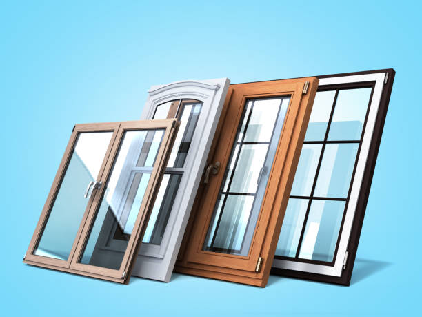 istock Different tipes of window sale promotion background 3d render on blue gradient 1202931514