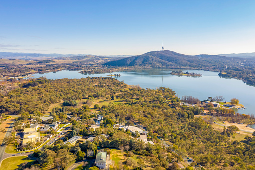 Panorama view of Canberra, the capital city of Australia, looking north over Lake Burley Griffin