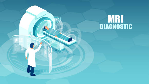 ilustraciones, imágenes clip art, dibujos animados e iconos de stock de vector de un médico que realiza estudios de resonancia magnética por imágenes en un paciente en un hospital. - mri scanner cat scan mri scan cartoon