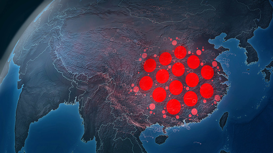 Artist rendering of a globe focused on China, showing a fictitious red diagram of a virus epidemic spreading around its territory and through neighboring regions. This map is an artist view and does not represent actual data.