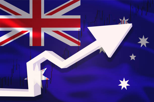 istock Australia growth chart. White 3D arrow and stocks chart grows up on the background of waving flag of the country. 1202948623