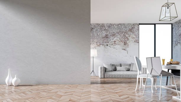 istock Empty living room with sofa, table and chairs - ruined wall 1202948628