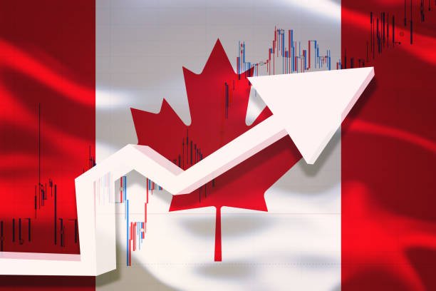 istock Canada growth chart. White 3D arrow and stocks chart grows up on the background of waving flag of the country. 1202949720