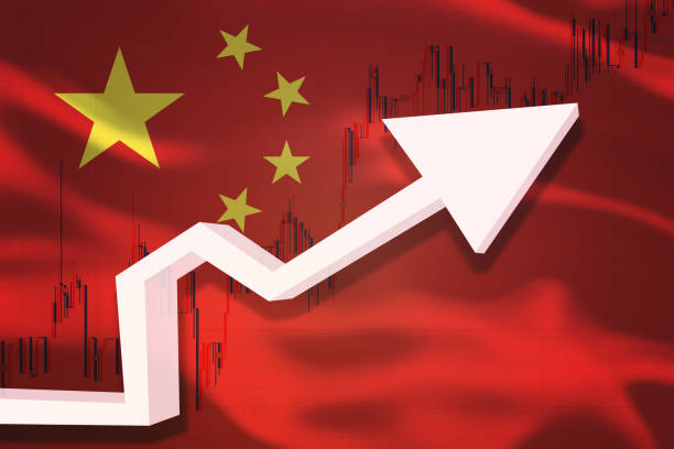 istock China growth chart. White 3D arrow and stocks chart grows up on the background of waving flag of the country. 1202949722