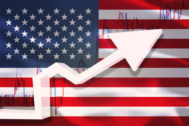 istock Growth chart. White arrow and stocks chart grows up on the background of waving flag of United States Of America or USA 1202949742