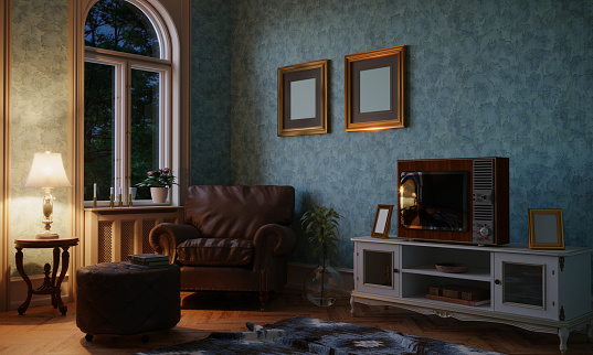 Retro style designed living room with a vintage Tv in the evening. ( 3d render )