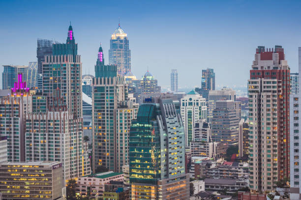 istock Panoramic view Cityscape business district ( silom , Sathorn , Bangrak ,Bangkok, Thailand) from aerial view high building at dusk 1202951487