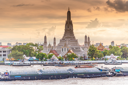 Panoramic view most famsus Landmark of bangkok Temple of Wat Arun in Bangkok and chaopraya Thailand