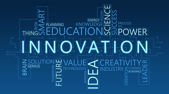 Innovation Wordcloud Collage Illustration Of Innovative Ideas And Future Technologies Over Blue Background. Panorama