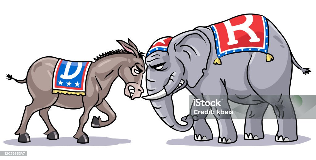 Republican Elephant Vs Democratic Donkey Vector illustration of a republican elephant and a democratic donkey facing off. Concept for US politics, elections, election debates, confrontation and presidential election. Blankets with Logos on seperate layers and can be easily removed. Donkey stock vector