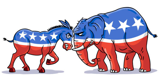 республиканский слон и демократический осел лицом к лицу - politics american culture government democratic party stock illustrations