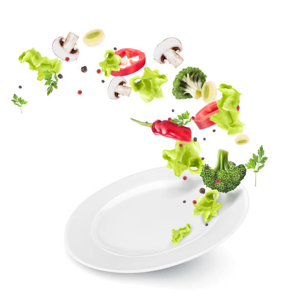 Flying vegetables and lettuce on a flat white plate. Presentation of the dish, recipe, healthy nutrition, vegetarianism. Vector 3d realistic dynamic composition on white background Flying vegetables and lettuce on a flat white plate. Presentation of the dish, recipe, healthy nutrition, vegetarianism. Vector 3d realistic dynamic composition on white background arugula falling stock illustrations