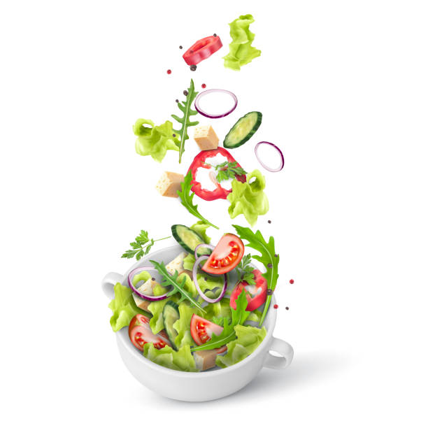 свежий летний салат из зелени и овощей, посыпаемый глубокой тарелкой. рецепт летающего салата. векторная 3d реалистичная иллюстрация изолир - tomato isolated freshness white background stock illustrations