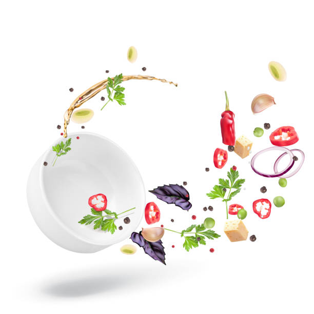 istock Dynamic composition of a deep white plate and salad dressed with vegetable oil. Healthy nutrition, vegetarianism. Vector 3d realistic illustration isolated on white background 1202956093