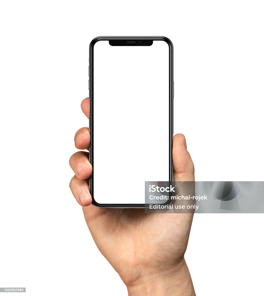 Man hand holding iPhone 11 Man hand holding iPhone 11. The black Apple iPhone 11 Pro with blank screen template - modern frameless design Smart Phone Stock Photo