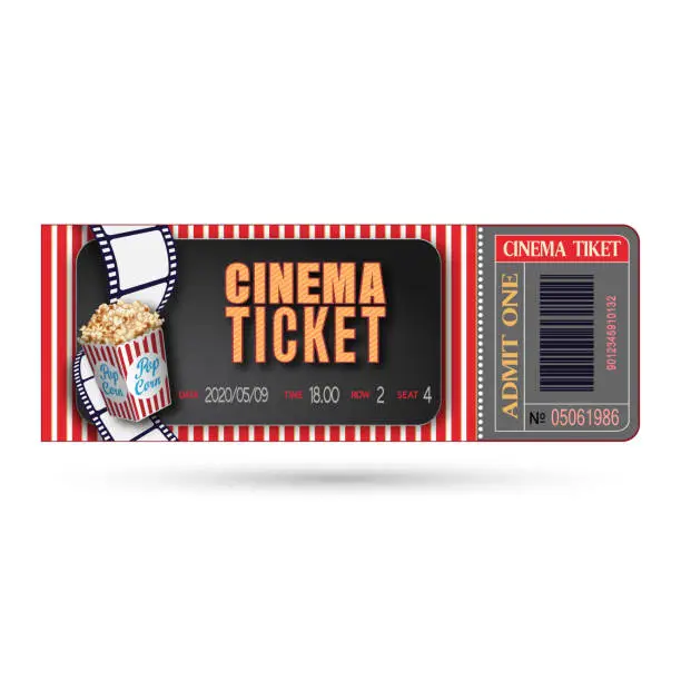 Vector illustration of Cinema ticket close up isolated on white background. Retro movie entrance ticket. Realistic admission pass mockup or performance coupon. Template ticket for Cinema, Theatre, Concert, Party or Festival