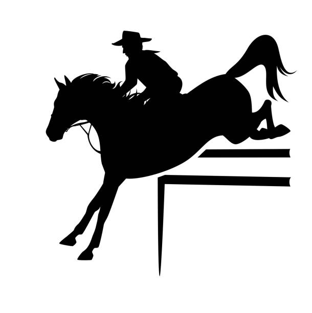 cowboy und pferd springen über den zaun schwarz vektor silhouette design - cowboy hat wild west single object white background stock-grafiken, -clipart, -cartoons und -symbole