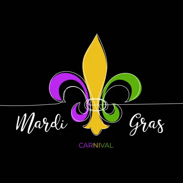 Vector illustration of Mardi Gras carnival greeting card with traditional symbol of mardi gras - fleur de lis. Continuous line heraldic lily with color petal on black background. Fat tuesday New Orleans mardigras carnaval