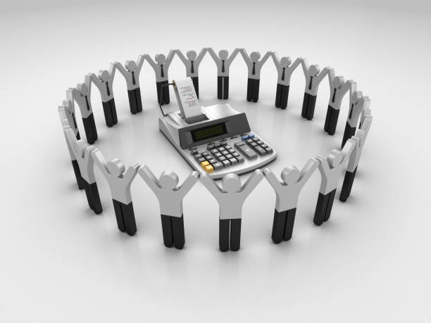 pictogram teamwork with calculator - 3d rendering - business balance human representation three dimensional shape imagens e fotografias de stock