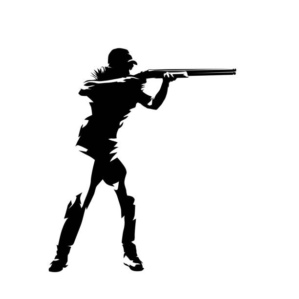 Trap shooting, aiming athlete with gun, isolated vector silhouette. Ink drawing Trap shooting, aiming athlete with gun, isolated vector silhouette. Ink drawing hunting stock illustrations