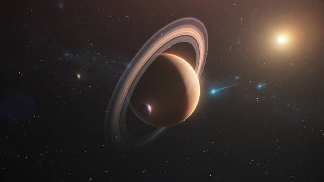 Saturn in outer space against stars and milky way