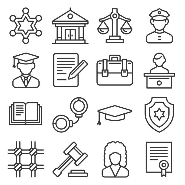 Law and Justice Icons Set on White Background. Line Style Vector Law and Justice Icons Set on White Background. Line Style Vector illustration gun laws stock illustrations