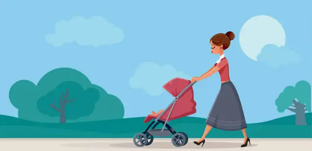 Vector illustration of Mother with Baby in Pram Walking in the Park