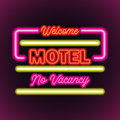 Hotel motel neon sign plank advertisement. vector illustration