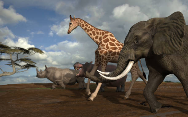 istock Elephant, giraffe, hippo and rhino running together side view 3d rendering 1202966898