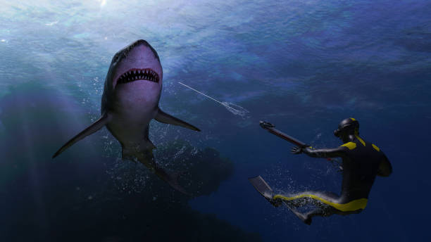 istock Great white shark attacking to diver with speargun and diver shooting at shark deep ocean 3d rendering 1202967085